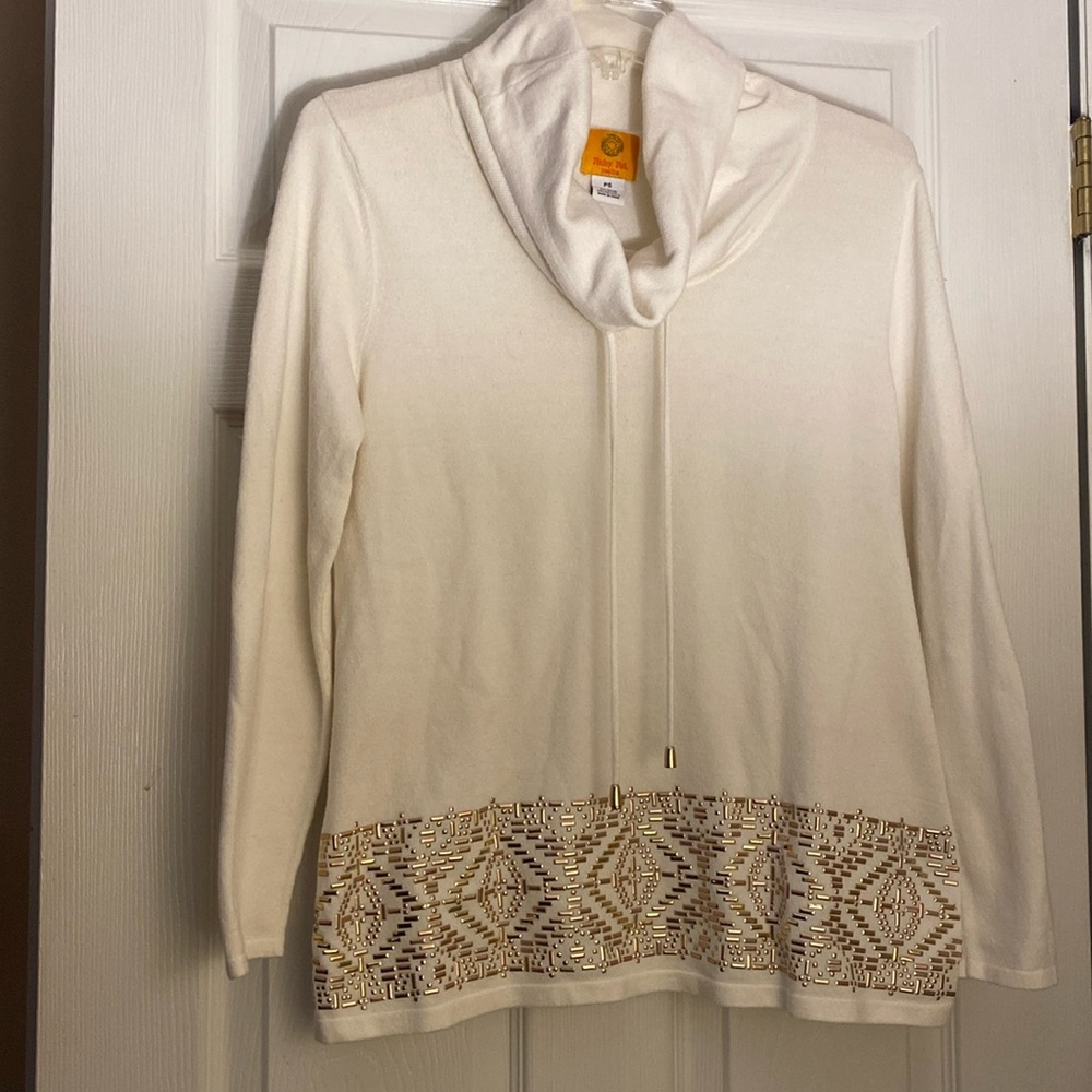 Cream cowl neck Ruby Rd sweater with gold metal beading along the bottom.
